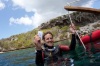 William Winram celebrates his 90m Free Immersion record at the Vertical Blue competition at Dean's Blue Hole, Bahamas